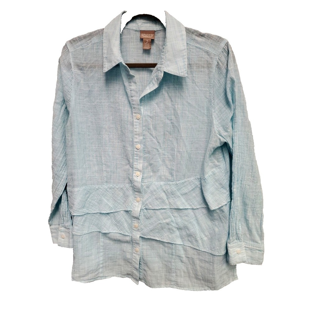 Chico's Aqua/ White Stripe Button Down Shirt Top Cotton Long Sleeve Sz 2 (Lg-12)